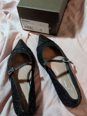 Linea Paolo Niara-L Black Glitter Pointed Mary Jane Flats